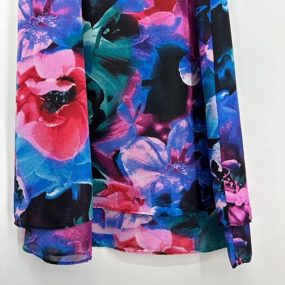 Tahari Abstract Floral Cocktail Dress 4 RuffleTrim Sleeveless Swing Black Pink - Picture 5 of 12